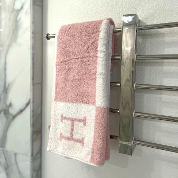 NWOT $220 Hermes Rose Lilas Pink White Towel jacquard terry 100% cotton dust bag - Picture 3 of 16
